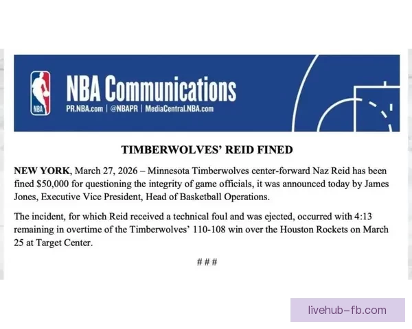 NBA官方罚里德质疑裁判公正性 对火箭比赛遭遇五万美元罚款